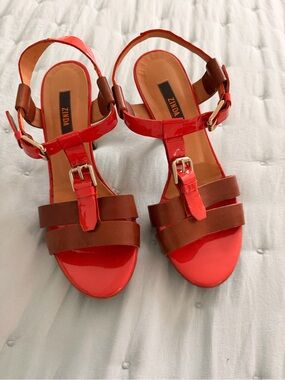 Orange and Brown Buckle T-Strap Women's Sandals